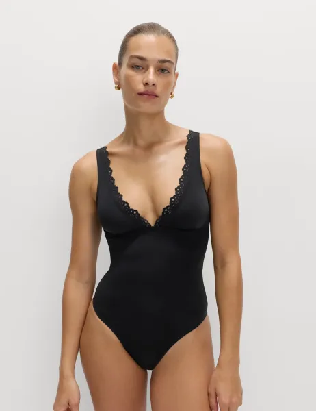Marks & Spencer Sculpt Broderie Trim Plunge Swimsuit Black
