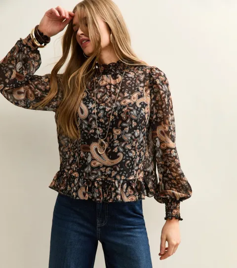 Women's Black Paisley Chiffon Frill Neck Blouse