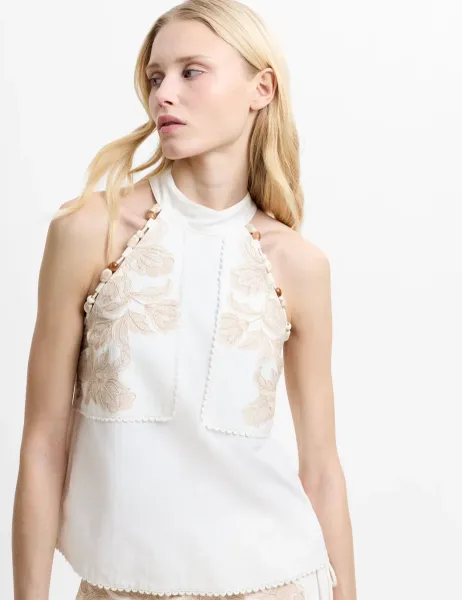 French Connection Cotton Blend Embroidered Beaded Top White Mix