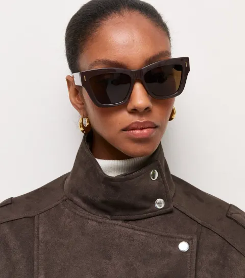 Women's Dark Brown Faux Suede Asymmetric Front Wrap Funnel Neck Jacket Vegan