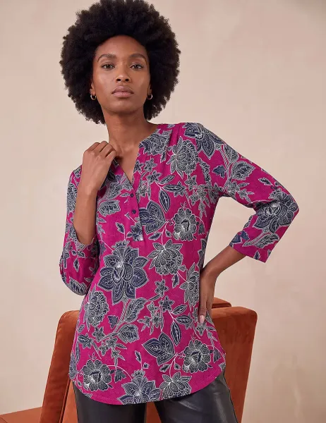 Roman Floral Notch Neck Shirt Pink