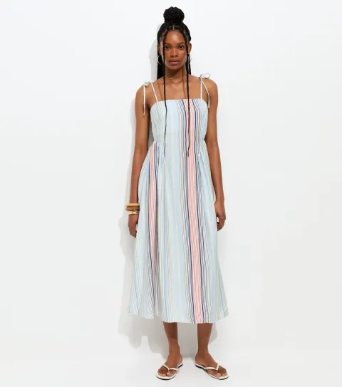Women's Blue Stripe Print Cami Godet Midi Dress