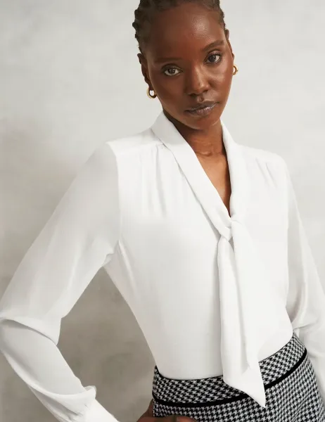 Hobbs Tie Neck Relaxed Blouson Sleeve Blouse Cream