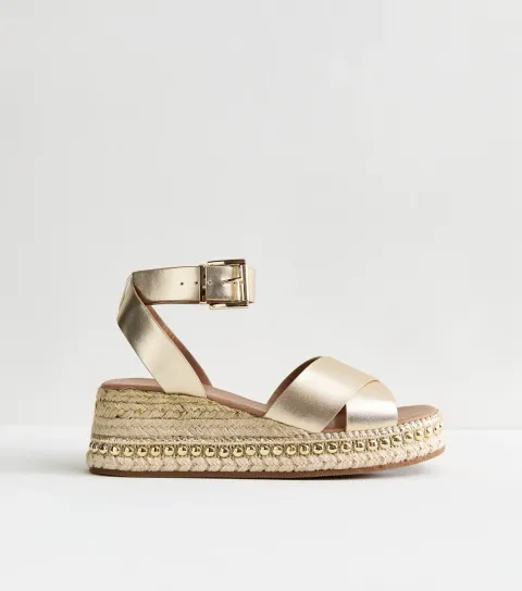 Women's Gold Metallic Faux Leather Flatform Sandals