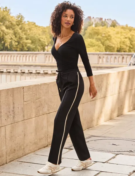 SOSANDAR Side Stripe Barrel Leg Trousers Black Mix