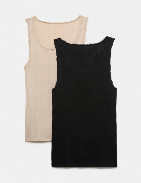 Marks & Spencer 2 Pack Thermal Pointelle Built Up Shoulder Vest Black Mix