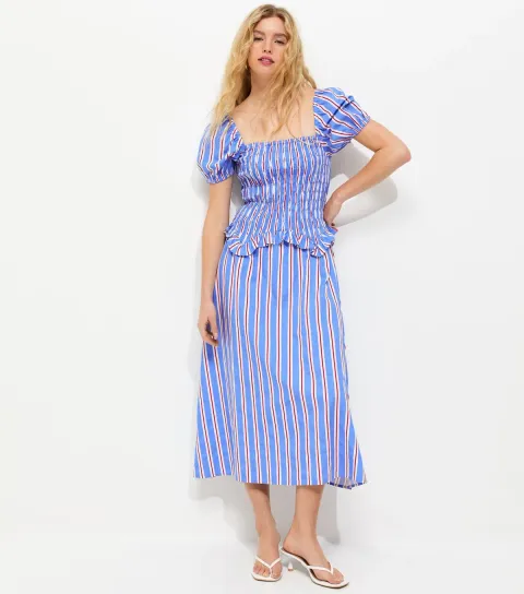 Women's Blue Striped Shirred Dropped Waist Midi Dress