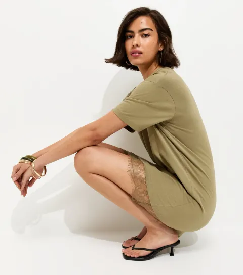 New Look Women's Khaki Lace Hem Trim Mini T-Shirt Dress