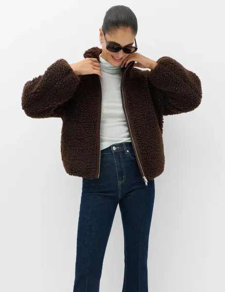 Marks & Spencer Borg Funnel Neck Jacket Dark Chocolate