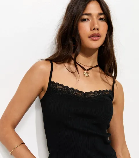 New Look Women's Black Cotton Rich Lace Trim Cami Top