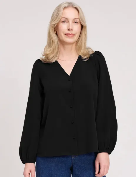 Finery London V-Neck Button-Through Top Black