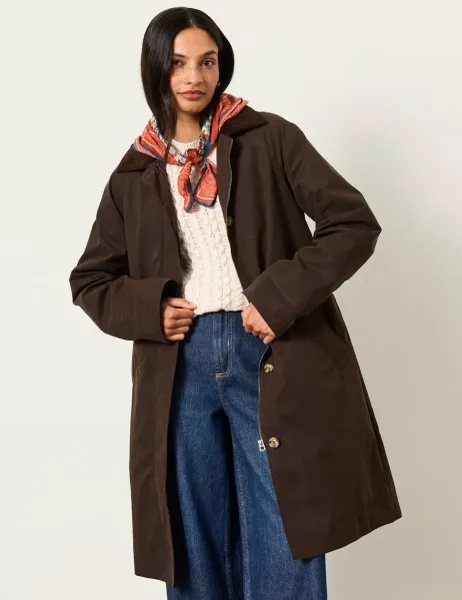 FatFace Cotton Blend Hooded Longline Coat Chocolate