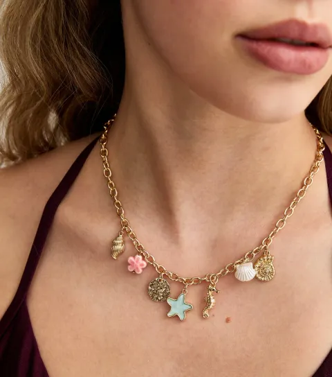 Gold Tone Shell and Starfish Charm Necklace