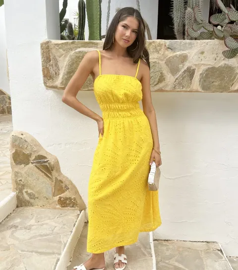 Women's Bright Yellow Strappy Shirred Midi Dress