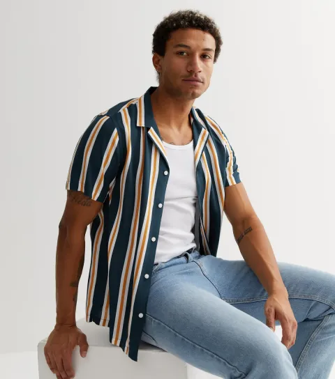Men's Navy Stripe Revere Collar Short Sleeve Shirt