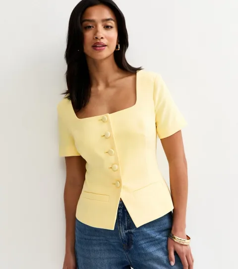 Women's Petite Light Yellow Square Neck Short Sleeve Blazer Top
