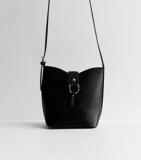 Black Faux Leather Ring Detail Mini Bucket Bag