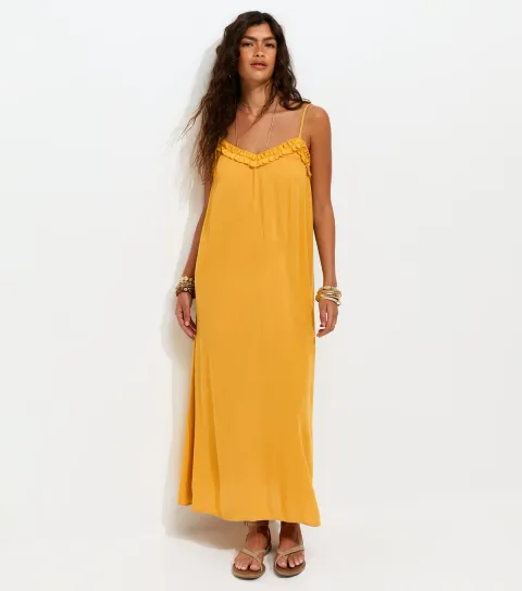 Women's Bright Yellow Crinkle Texture Frill Trim Strappy Midi Dress
