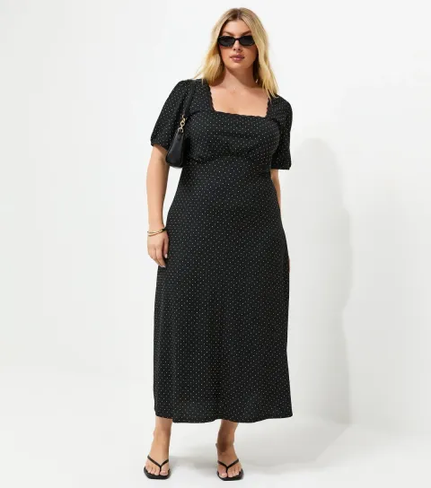 Women's Plus Size Black Spotty Square Neck Midi Dress Curves