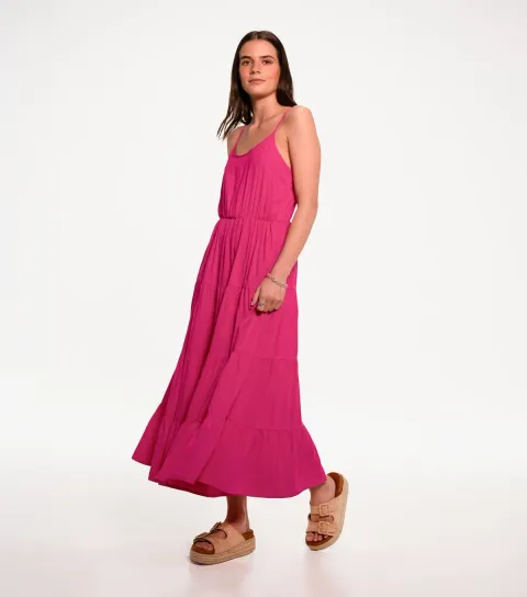Women's Bright Pink Tiered Cami Midi Dress