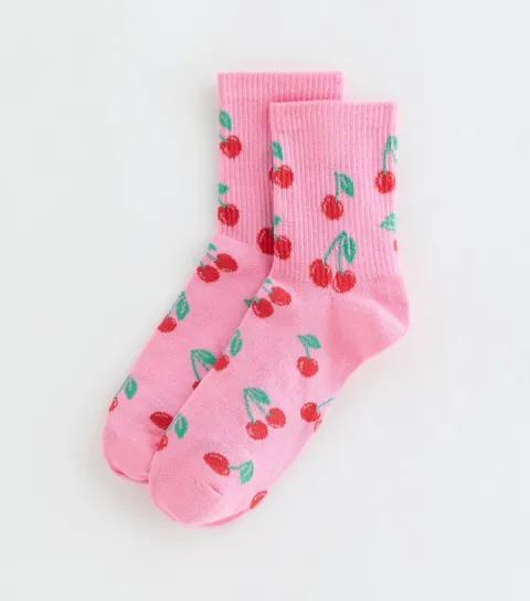 Pink Cherry Pattern Ribbed Tube Socks