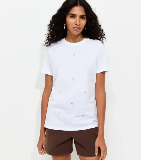 Women's White Flower Bud Print Relaxed T-Shirt