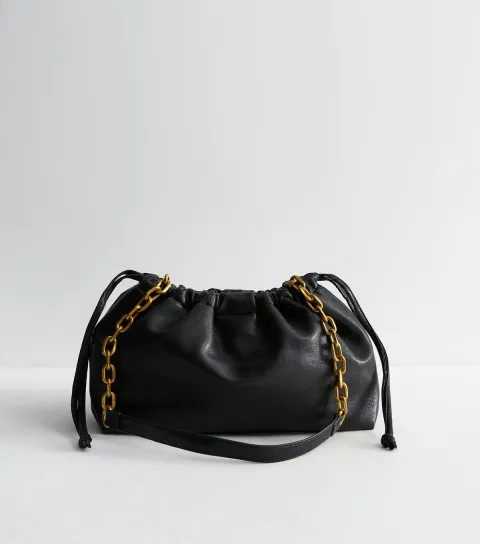 New Look Black Faux Leather Drawstring Chain Strap Crossbody Bag