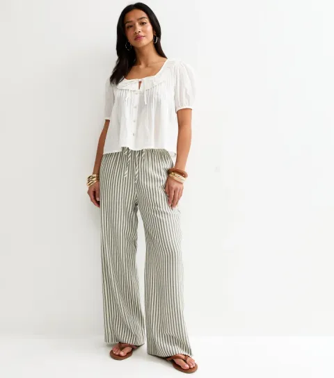 New Look Women's Petite Cream Seersucker Striped Wide Leg Trousers