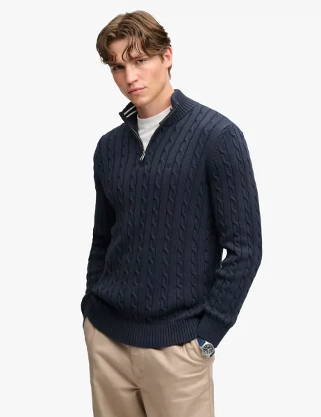 Superdry & Co Pure Cotton Cable Knit Half Zip Jumper Navy