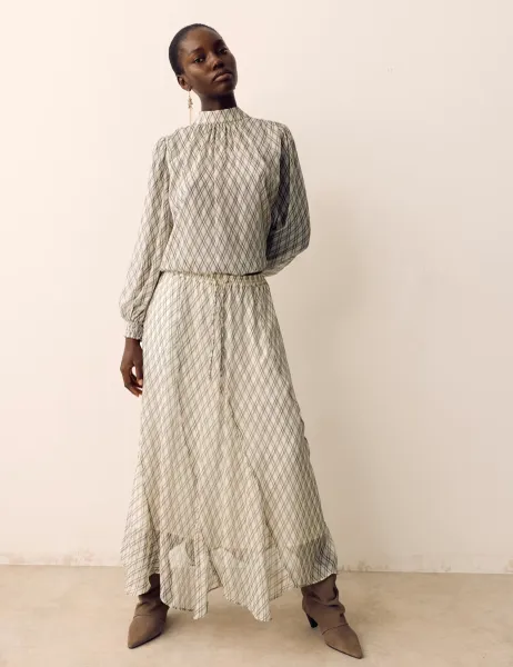 Per Una Checked Maxi A-Line skirt Ecru Mix