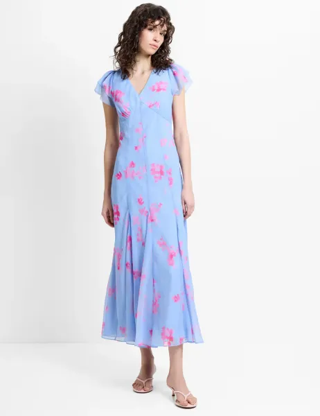 French Connection Chiffon Floral V-Neck Midi Tea Dress Blue Mix