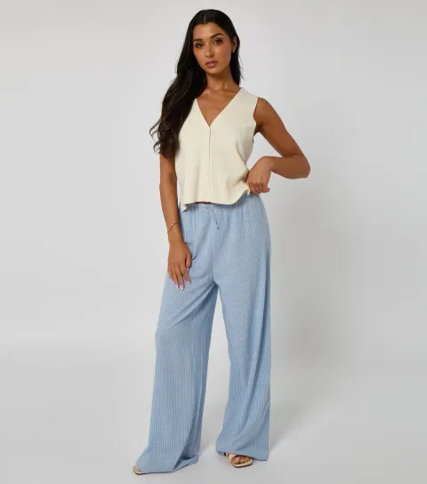 Women's Blue Stripe Print Wide Leg Trousers