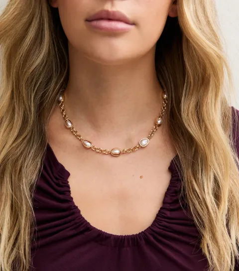 New Look Gold Tone Faux Pearl Chain Necklace