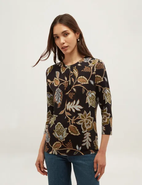 Hobbs Jersey Floral Crew Neck Slim Fit Top Green Mix