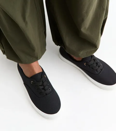Women's Black Cotton Canvas Flat Lace Up Trainers Vegan
