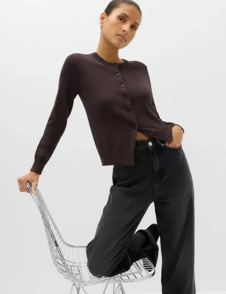 Marks & Spencer Crew Neck Button Through Cardigan Bitter Chocolate