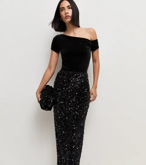 New Look Women's Black Sequin Pencil Midi Skirt