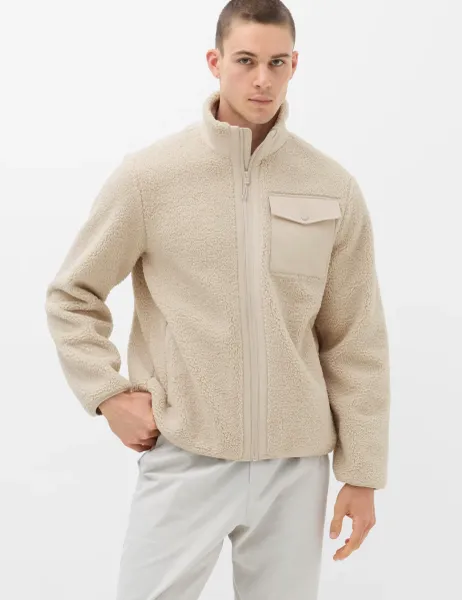 Goodmove Fleece Windproof Zip Up Funnel Neck Jacket Medium Beige