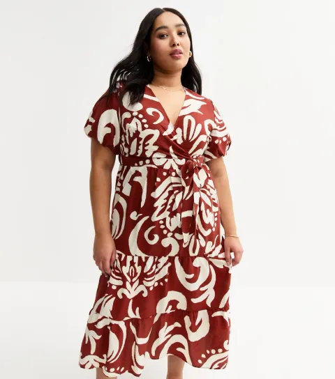 Women's Plus Size Red Printed Wrap Midi Dress Curves