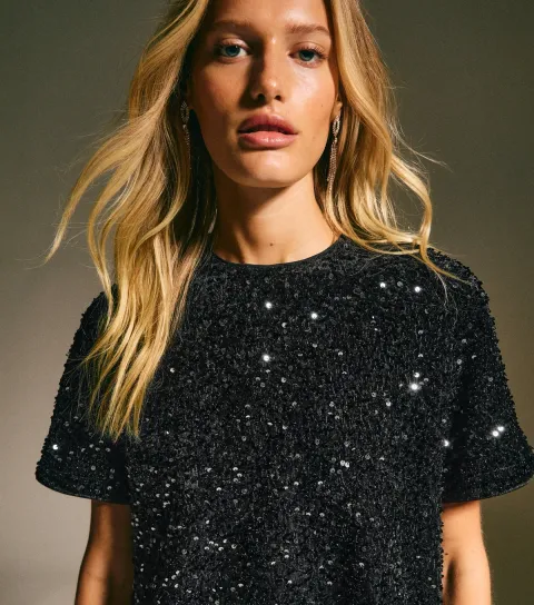Women's Black Velvet Sequin Embellished T-Shirt