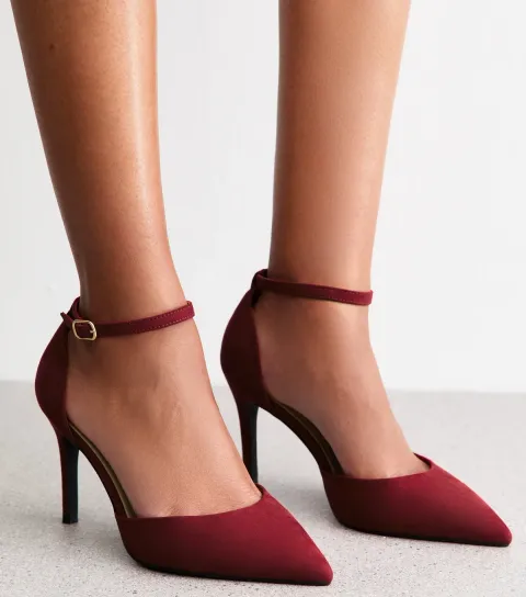 Women's Extra Wide Fit Light Burgundy Faux Nubuck Leather Ankle Strap Court Shoes Vegan