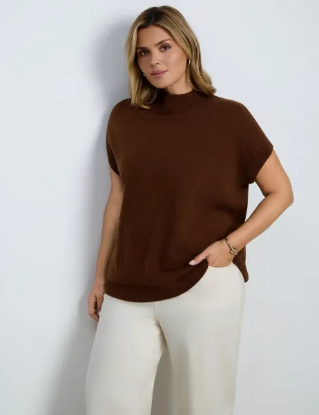 Wool Blend High Neck Knitted Vest Brown