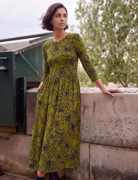 Roman Floral Print Midi Dress Khaki Mix