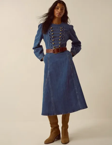 Monsoon Denim Round Neck Midi Dress Blue