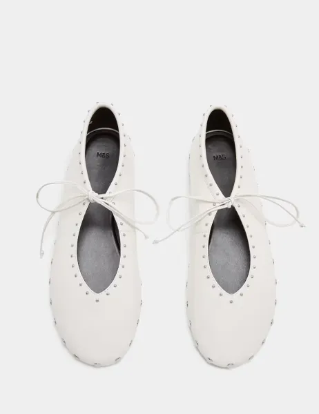 Marks & Spencer Leather Studded Tie Ballet Pumps White