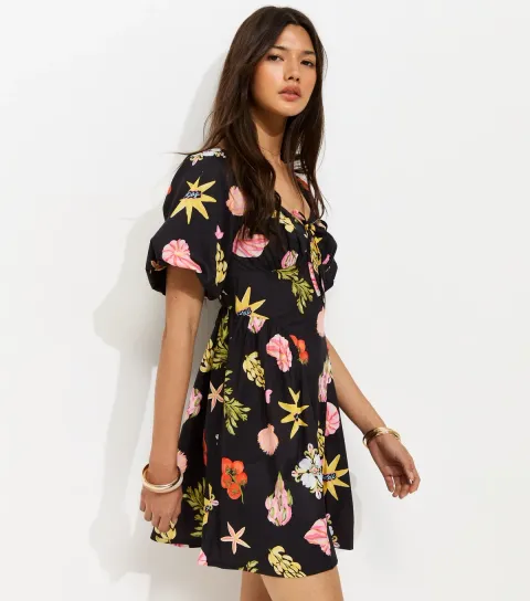 Women's Black Tomato Print Puff Sleeve Mini Dress