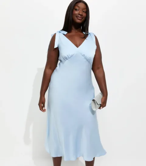 Women's Plus Size Light Blue Tie Shoulder Plunge Midi Dress Curves
