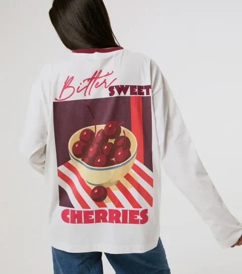 Skinnydip Women's White Cotton Bittersweet Cherries Long Sleeve T-shirt