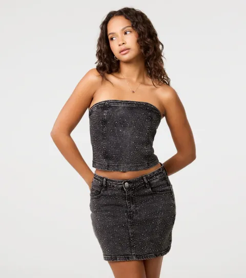 Women's Black Denim Strapless Top