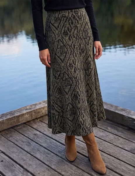 Roman Abstract Diamond Print Midi Skirt Khaki Mix